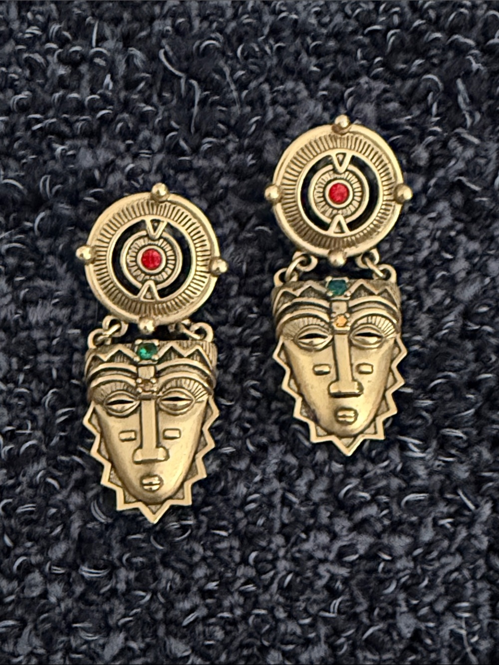 Avon Gold-Tone Tribal Face Earrings with Red & Green Accents